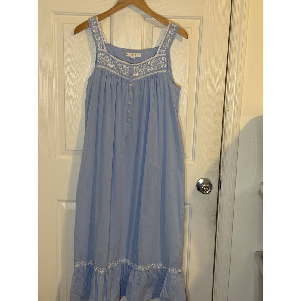 Eileen West Blue Cotton Grandma Nightgown Square Neck Embroidered Lace size M